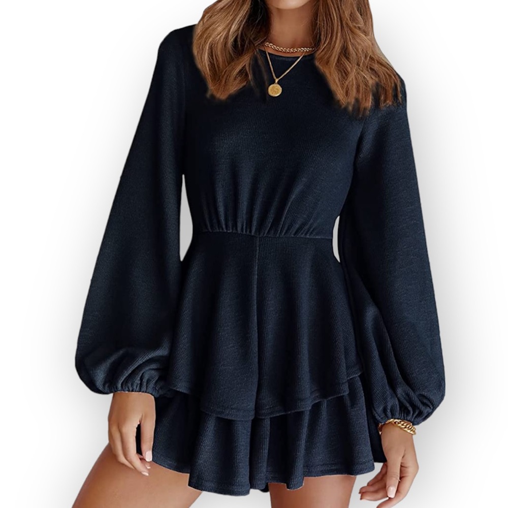 Solid navy lantern sleeve ruffle hem A-line open back romper